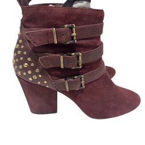 Catie Women Burgundy Ankle Boots with Gold Three Strap Studs by Jessica Simpson